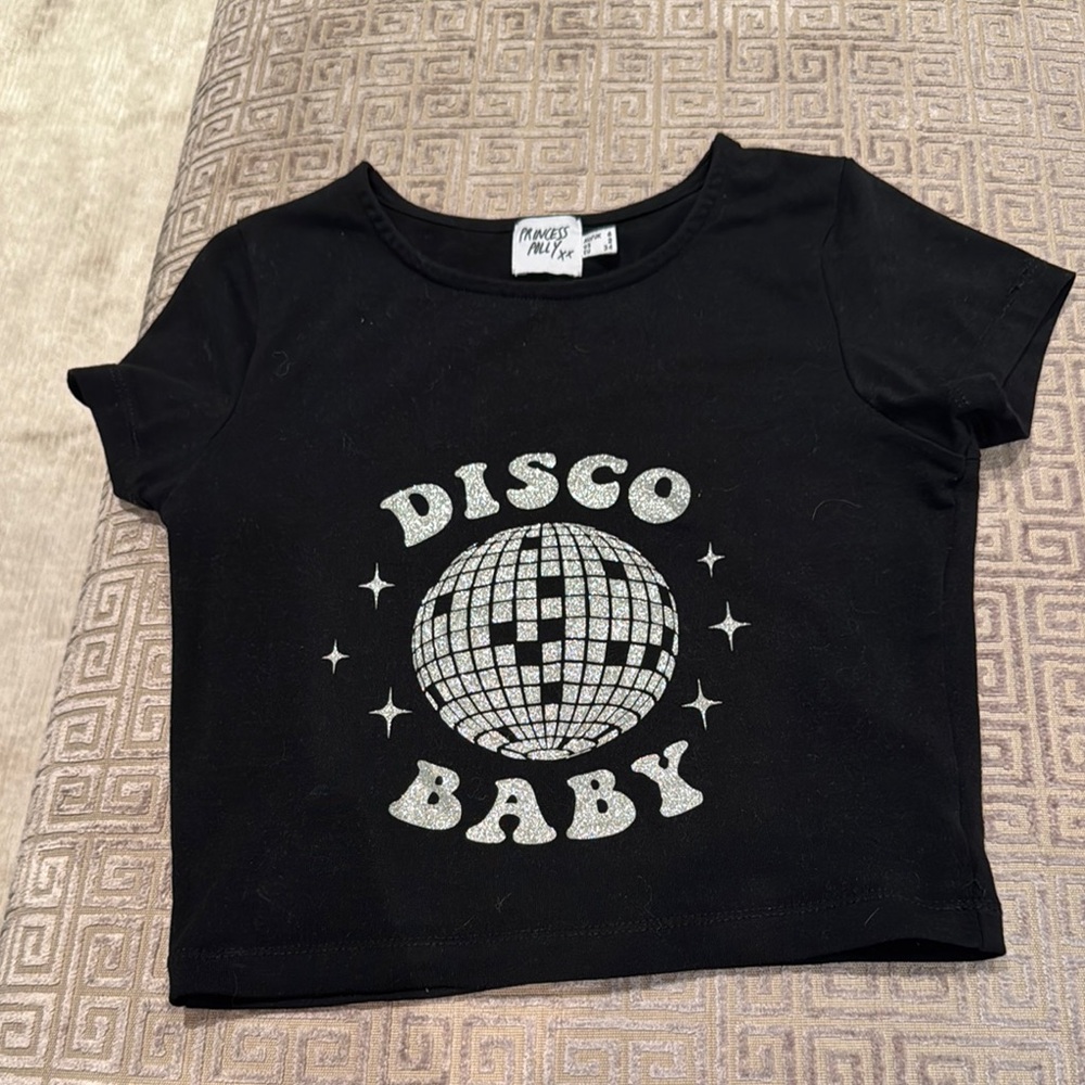 Princess Polly black glitter “disco baby” tee size US 2